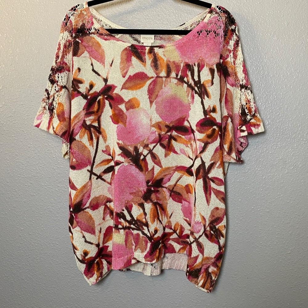 Chicos Floral Knit Top Size 3 Oversized Lagenlook Boho Chic Autumn Fall Bohemian